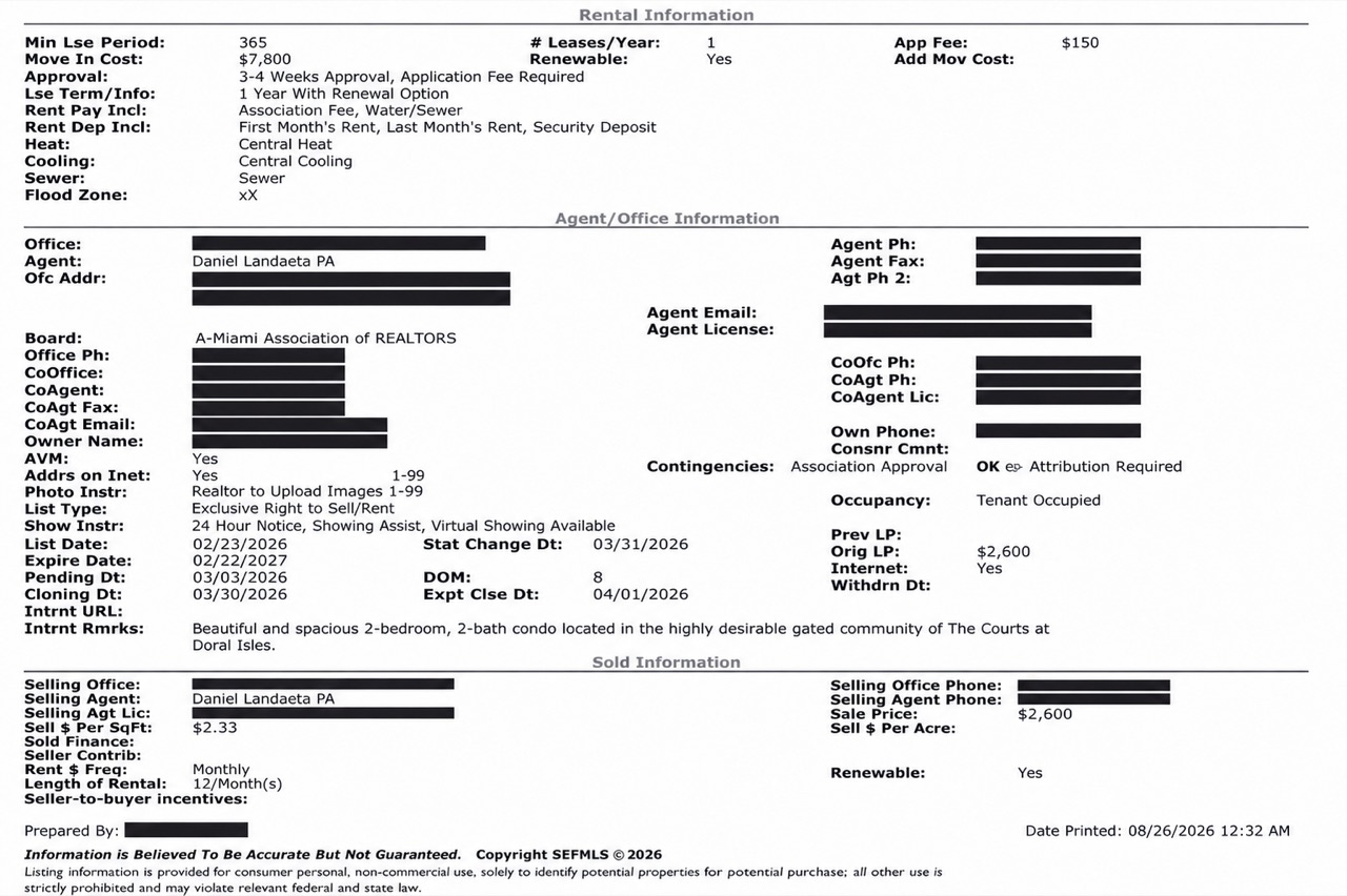Documento MLS redactado que respalda el caso de renta en Doral